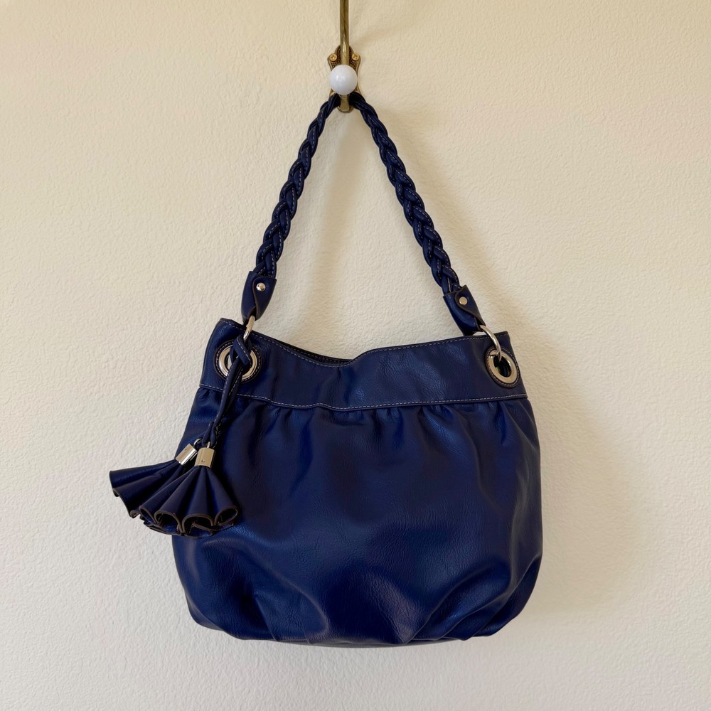 Whimsy Twee Mori Girl Blue Faux Leather Hobo‎ Bag Braided Strap Tassel 2000s Y2K